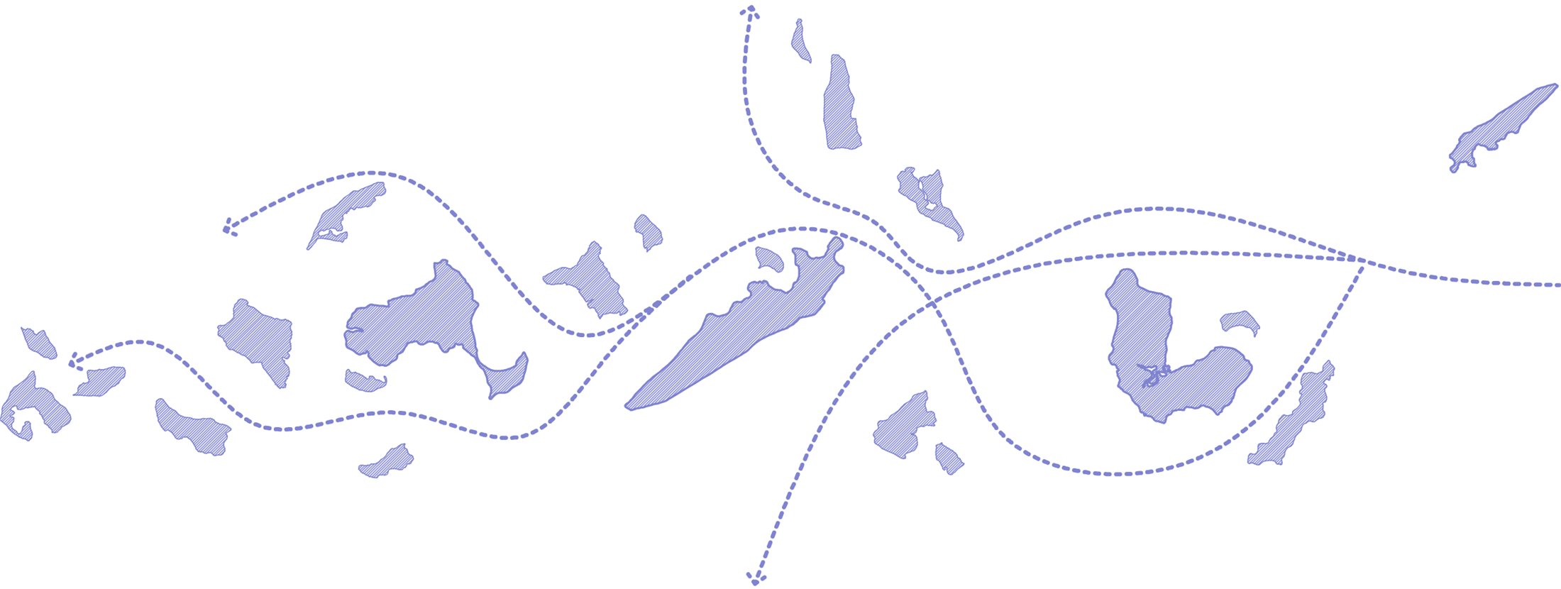 Dibujo de las islas de la exposición unidas por un recorrido de líneas punteadas
