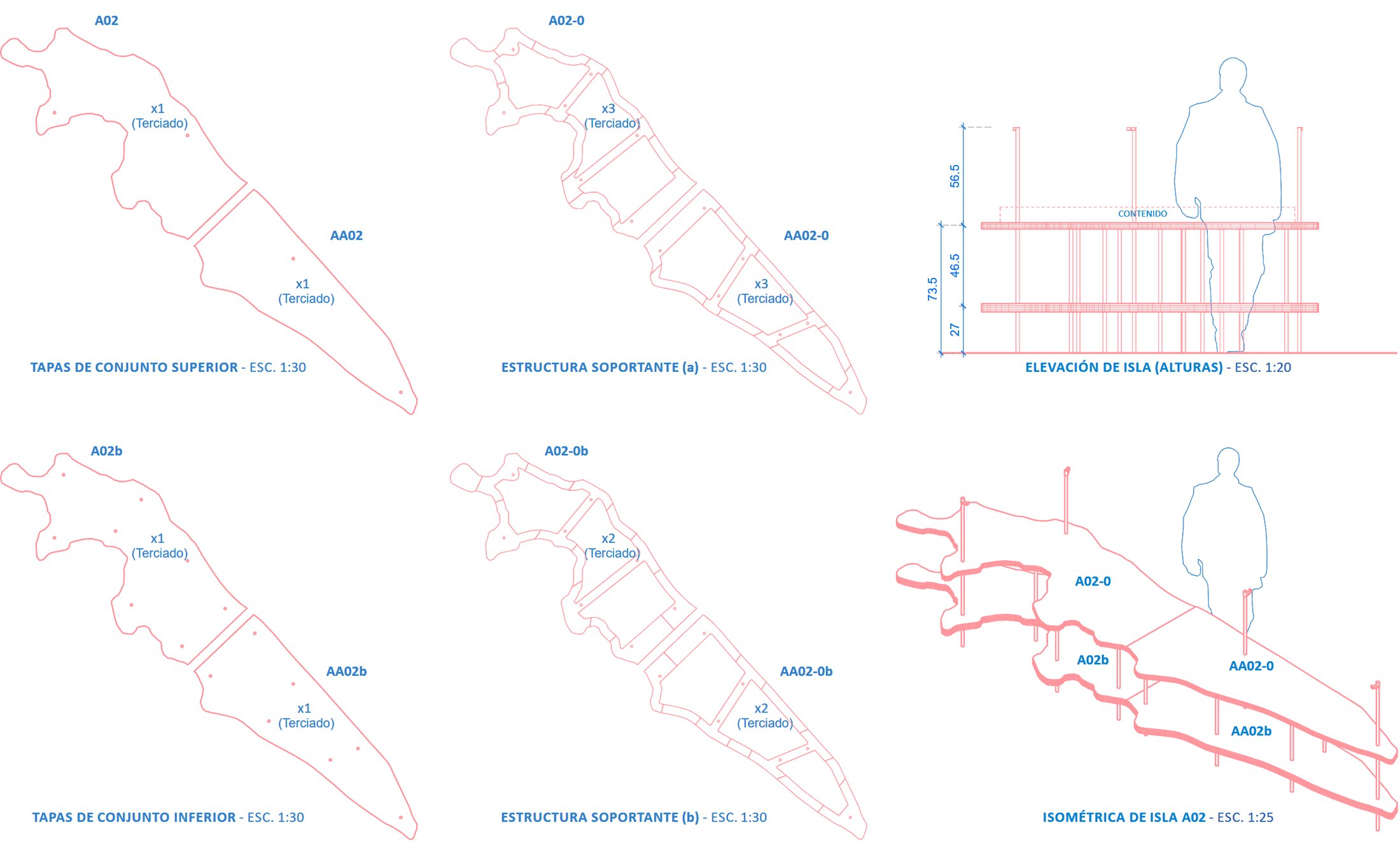 Planos de la estructura de las islas: tapas de conjunto, estructura soportante, elevación e isométrica
